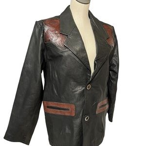Kobler Mens tooled leather jacket blazer black brown size medium
